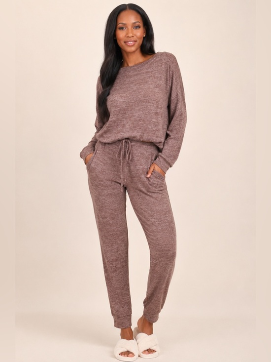 Akaiv Pants - Akaiv Cozy Mauve Brown Lounge Set - Drawstring Waist Top & Jogger S